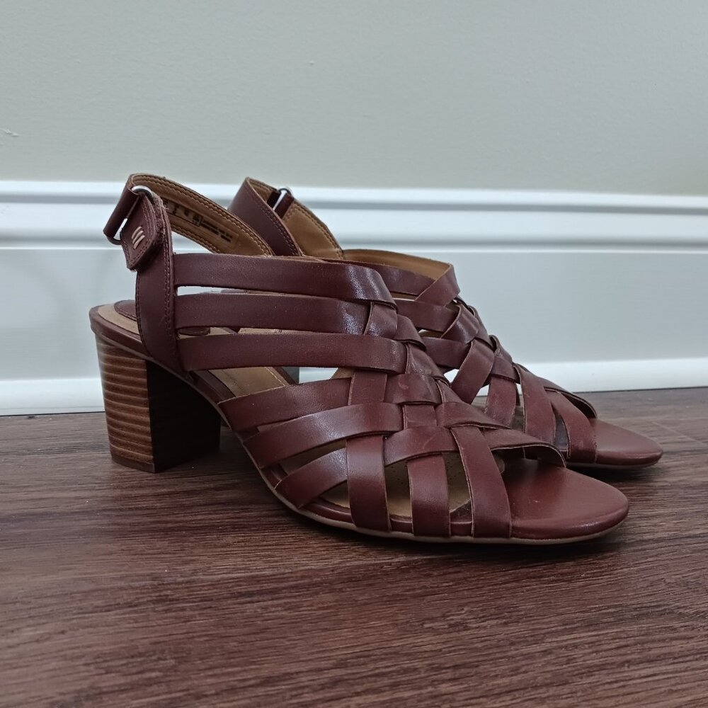 Clark's Artisan Ralene Luster Brown Leather Sandals Size 9 Heels‎